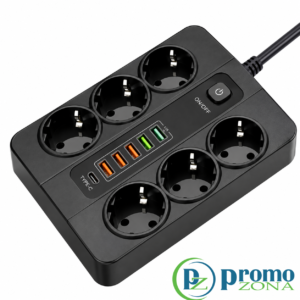Универсален разклонител с 6 гнезда, 5 USB порта и Type-C 3000W