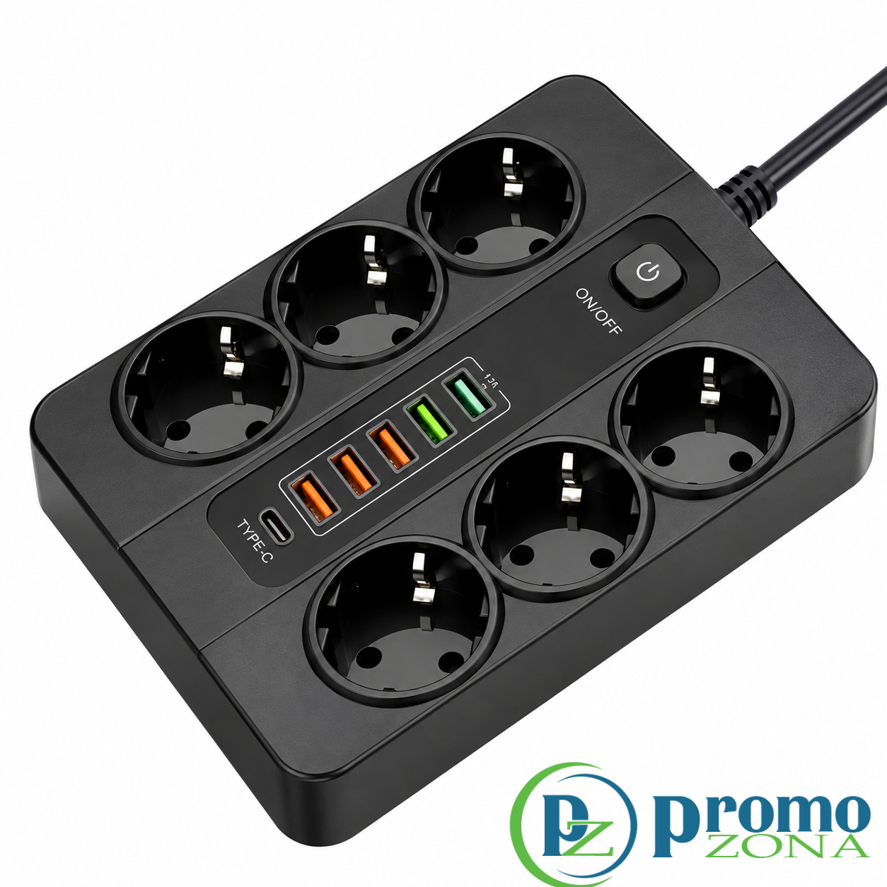 Универсален разклонител с 6 гнезда, 5 USB порта и Type-C 3000W